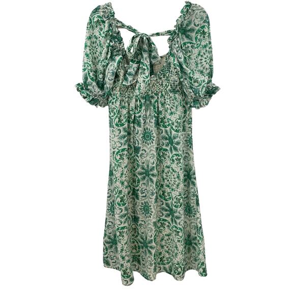 By Anthropologie Puff Sleeve Smocked Midi Dress Mint Green S - Picture 11 of 11